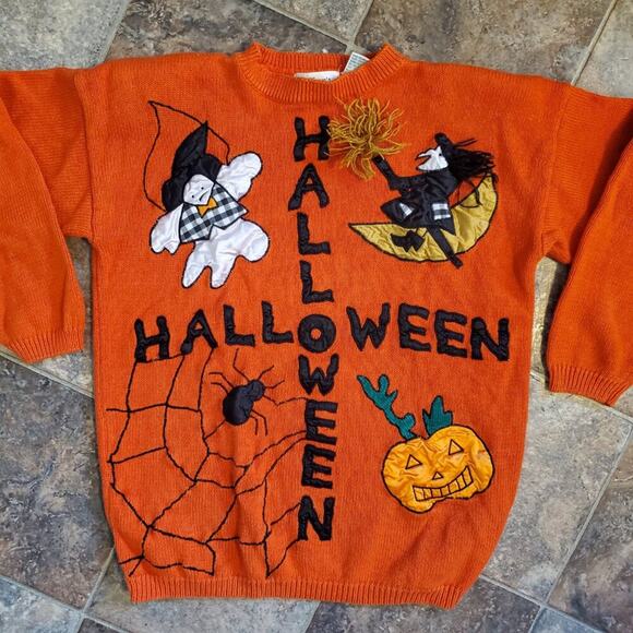 Vintage 80s Orange Halloween Maximalist Beaded Embroidered Sweater Ghost Witch - Picture 3 of 16